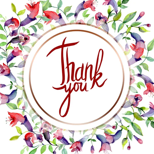 Yeşil yapraklı kır çiçekleri beyazın üzerinde. Suluboya arkaplan resimleme elementleri. Teşekkür mektubuyla çerçevele..