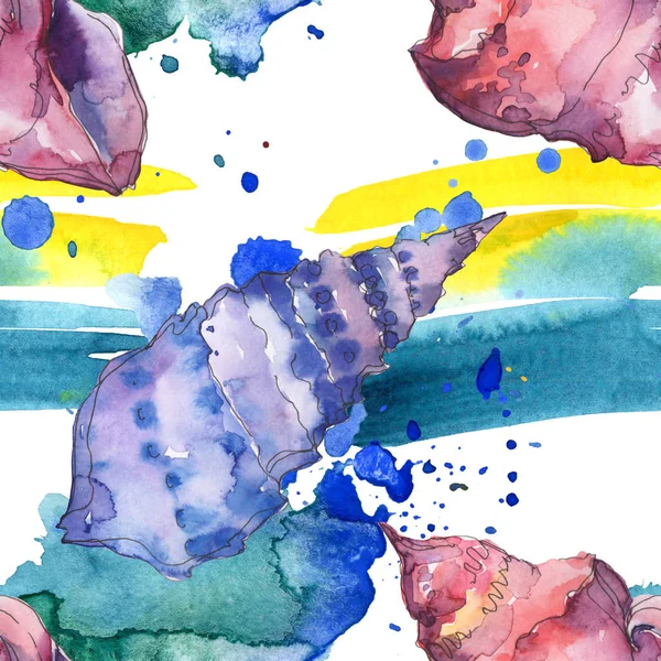 蓝色和紫色的海洋热带贝壳与笔触隔离在白色 水彩背景插图集 无缝背景模式 — 图库照片