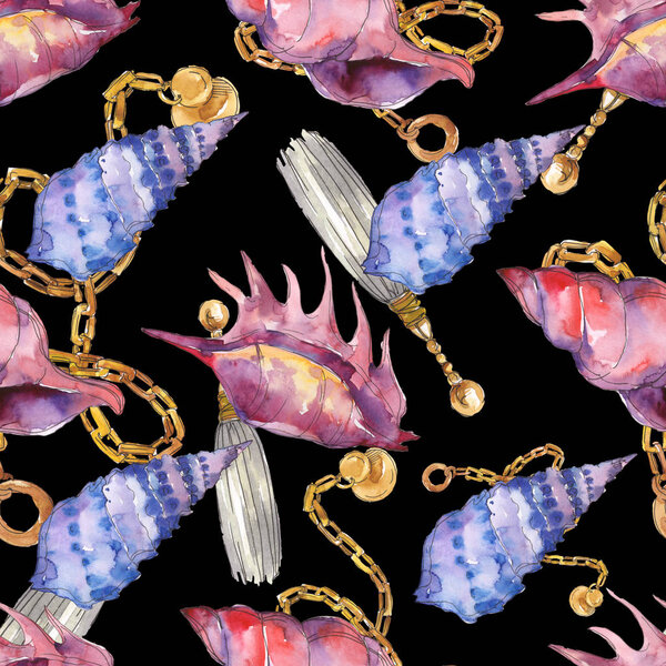 Blue and purple marine tropical seashells isolated on black with golden chains. Watercolor background illustration set. Seamless background pattern.