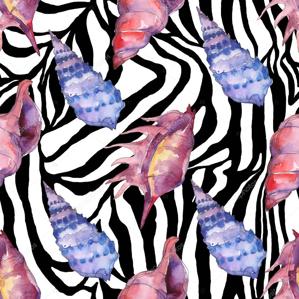 Blue and purple marine tropical seashells on zebra print background. Watercolor background illustration set. Seamless background pattern.