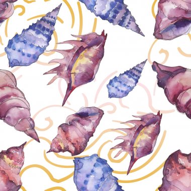 Mavi ve mor deniz tropikal deniz kabukları. Suluboya arka plan illüstrasyon seti. Kesintisiz arka plan deseni.