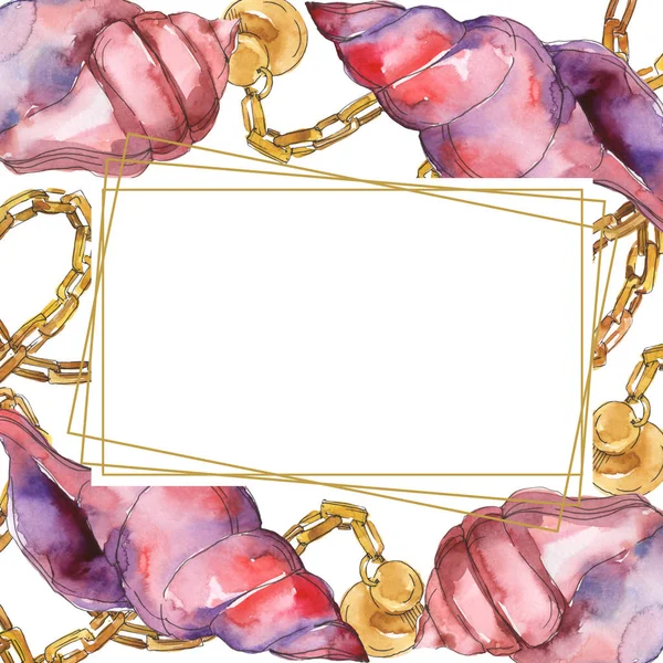 Purple Marine Tropical Seashells Isolated White Watercolor Illustration Frame Copy — Stock Photo, Image
