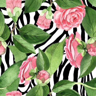 Zebra baskı arka plan üzerinde yeşil yaprakları ile pembe kamelya çiçekleri. Suluboya illüstrasyon seti. Kesintisiz arka plan deseni. 