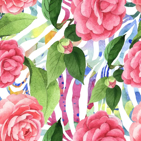 Pink Camellia Flowers Green Leaves Zebra Background Watercolor Illustration Set — Stock Photo, Image