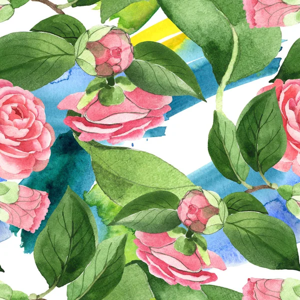 Flores Camélia Rosa Com Folhas Verdes Fundo Com Pinceladas Tinta — Fotografia de Stock