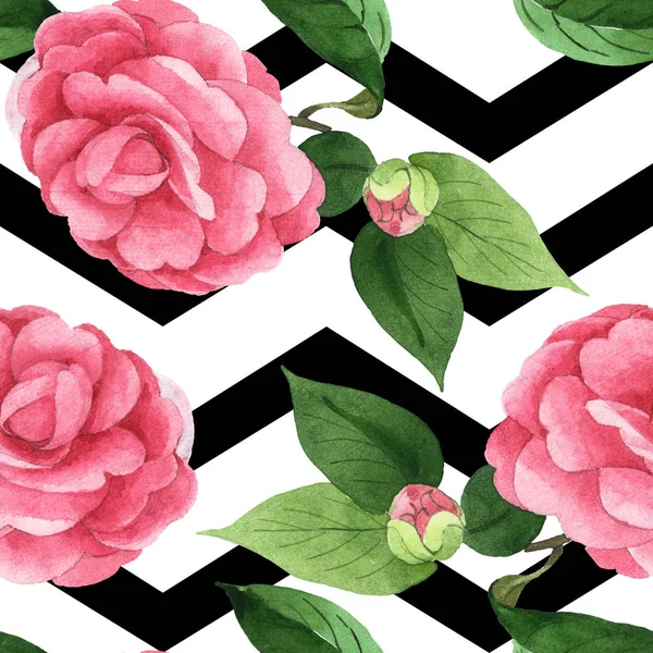 粉红色的山茶花与绿叶背景黑色线条 水彩插图集 无缝背景模式 — 图库照片