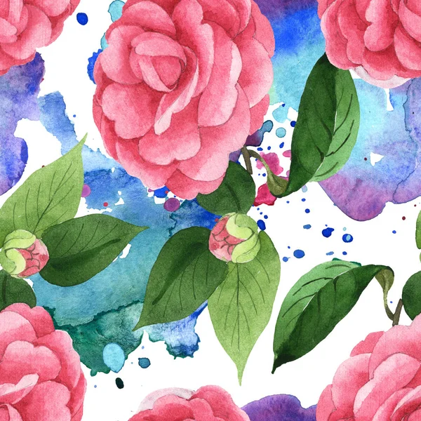 Розовые Цветы Камелии Зелеными Листьями Заднем Плане Разливами Акварельной Краски — стоковое фото