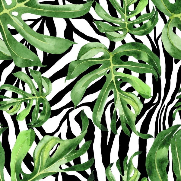 Exotic tropical hawaiian green palm leaves. Watercolor background set. Seamless background pattern.