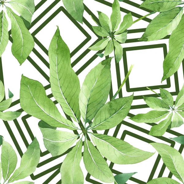 Exotische Tropische Hawaiiaanse Groene Palm Bladeren Aquarel Achtergrond Set Naadloos — Stockfoto