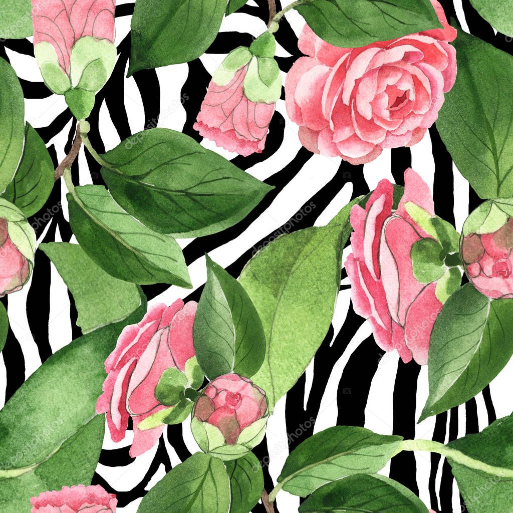 Pink camellia flowers with green leaves on zebra print background. Watercolor illustration set. Seamless background pattern. 