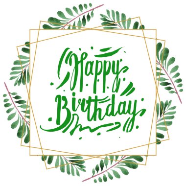 Egzotik tropikal hawaii yeşil palmiye yaprakları beyaz izole. Suluboya arka plan seti. Mutlu doğum günü yazısı ile Çerçeve.