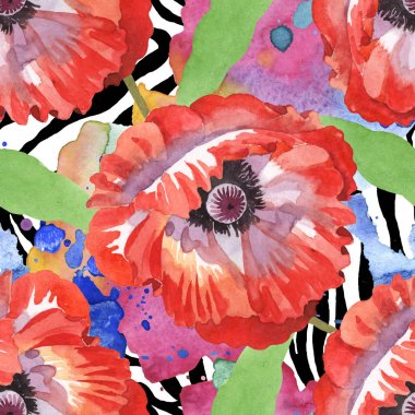 Red poppies watercolor illustration set. Seamless background pattern.  clipart