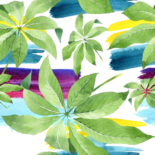 Exotic tropical hawaiian green palm leaves. Watercolor background set. Seamless background pattern.