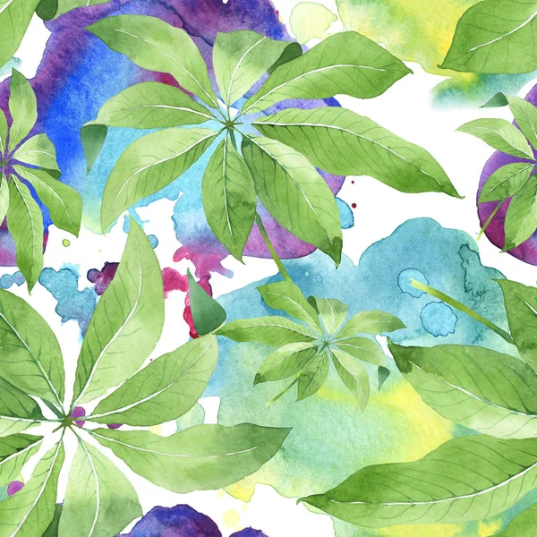 Exotic tropical hawaiian green palm leaves. Watercolor background set. Seamless background pattern.