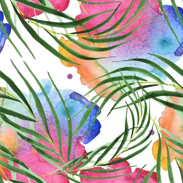 Exotic tropical hawaiian green palm leaves. Watercolor background set. Seamless background pattern.