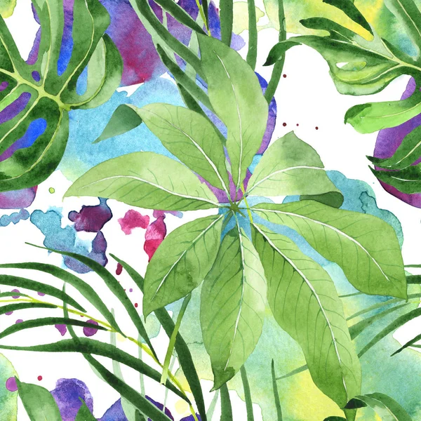 Exotic tropical hawaiian green palm leaves. Watercolor background set. Seamless background pattern.