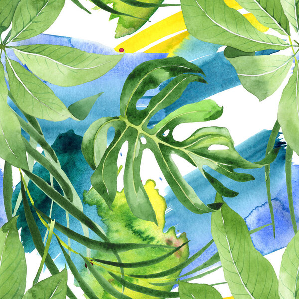 Exotic tropical hawaiian green palm leaves. Watercolor background set. Seamless background pattern.