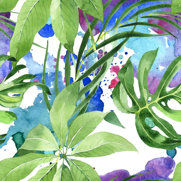Exotic tropical hawaiian green palm leaves. Watercolor background set. Seamless background pattern.