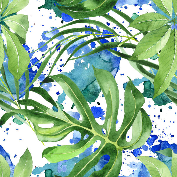 Exotic tropical hawaiian green palm leaves. Watercolor background set. Seamless background pattern.