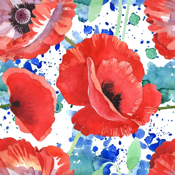 Red Poppies Watercolor Illustration Set Seamless Background Pattern — Stock Photo, Image