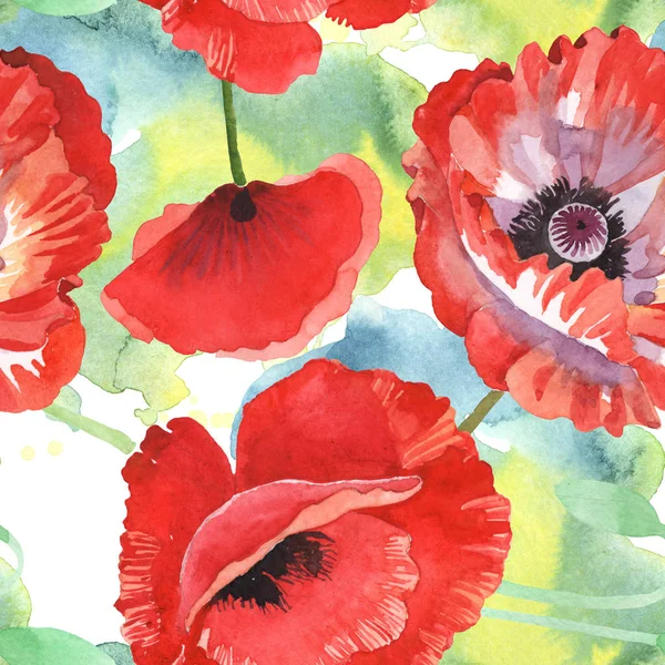 Red Poppies Watercolor Illustration Set Seamless Background Pattern — Stock Photo, Image