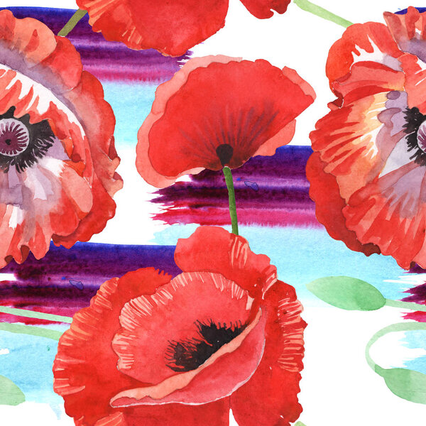 Red poppies watercolor illustration set. Seamless background pattern. 