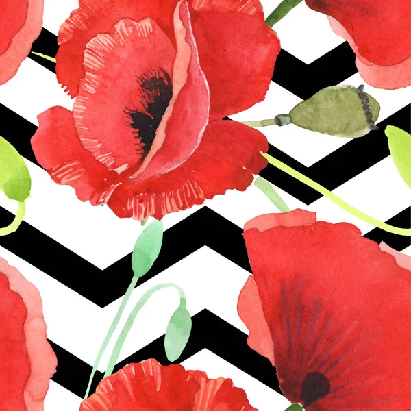 Red Poppies Watercolor Illustration Set Seamless Background Pattern — Stock Photo, Image