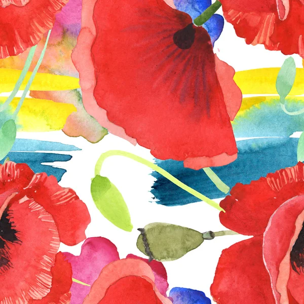 Red Poppies Akvarell Illustration Uppsättning Sömlöst Bakgrundsmönster — Stockfoto