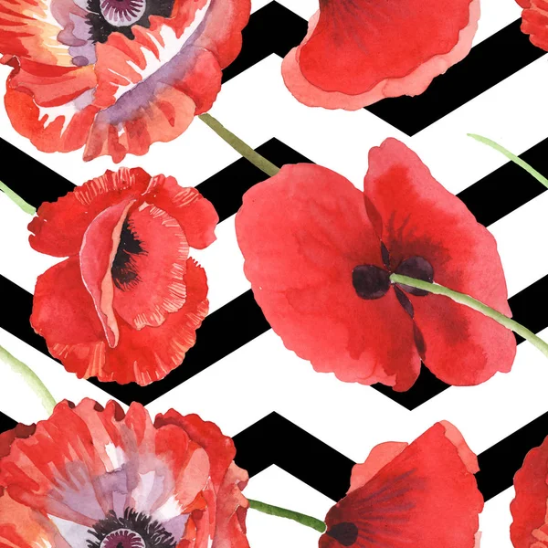 Kırmızı haşhaş suluboya illüstrasyon seti. Kesintisiz arka plan deseni. 