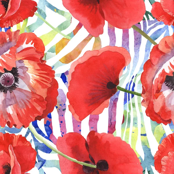 Red Poppies Watercolor Illustration Set Seamless Background Pattern — Stock Photo, Image