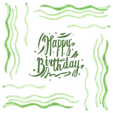 Tropikal yeşil deniz yosunu beyaz izole. Suluboya arka plan illüstrasyon seti. Mutlu doğum günü yazısı ile Çerçeve.