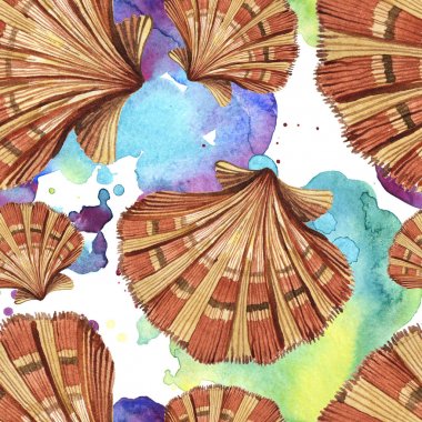 Kusursuz arka plan deseni. Yeşil deniz yosunu ile tropikal deniz kabukları. Suluboya arka plan illüstrasyon seti. 