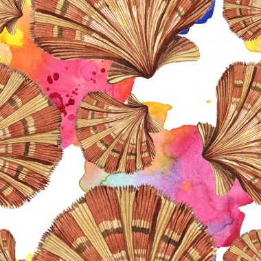 Kusursuz arka plan deseni. Yeşil deniz yosunu ile tropikal deniz kabukları. Suluboya arka plan illüstrasyon seti. 