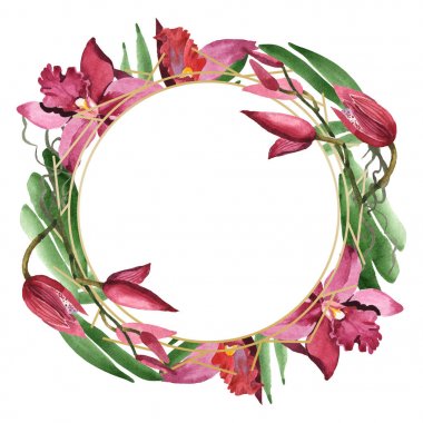 Yeşil yaprakları beyaz izole ile Marsala orkide. Suluboya arka plan illüstrasyon seti. Kopyalama alanı ile çerçeve kenarlığı süsü.