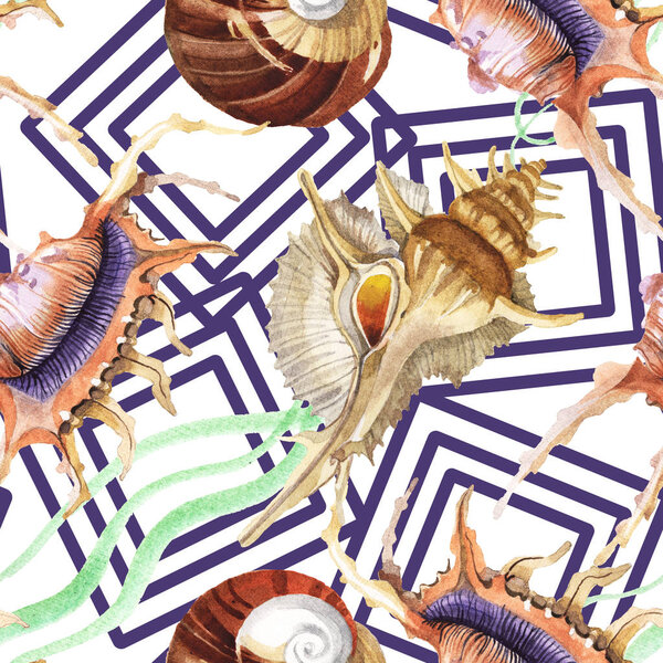 Seamless background pattern. Tropical seashells with green seaweed. Watercolor background illustration set. 