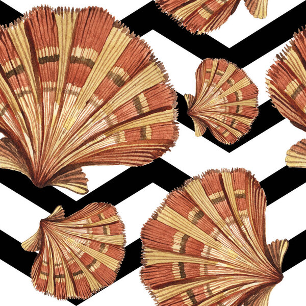 Seamless background pattern. Tropical seashells with green seaweed. Watercolor background illustration set. 