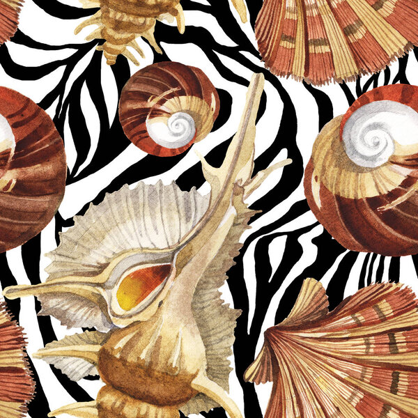 Seamless background pattern. Tropical seashells with green seaweed. Watercolor background illustration set. 