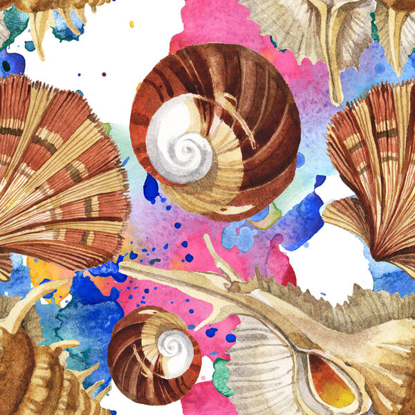 Seamless background pattern. Tropical seashells with green seaweed. Watercolor background illustration set. 