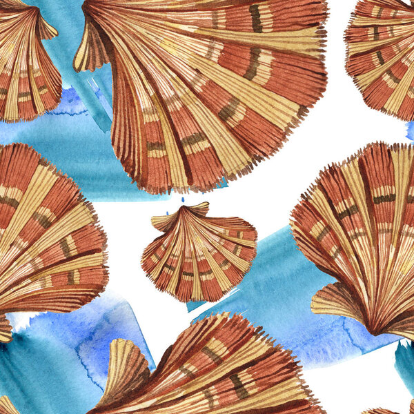 Seamless background pattern. Tropical seashells with green seaweed. Watercolor background illustration set. 