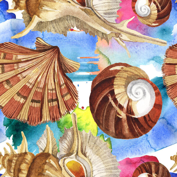 Seamless background pattern. Tropical seashells with green seaweed. Watercolor background illustration set. 