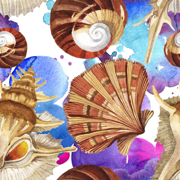 Seamless background pattern. Tropical seashells with green seaweed. Watercolor background illustration set. 