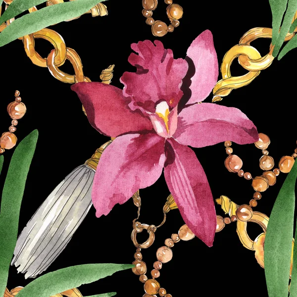 Orquídea Marsala Con Hojas Verdes Cadenas Doradas Sobre Fondo Negro — Foto de Stock