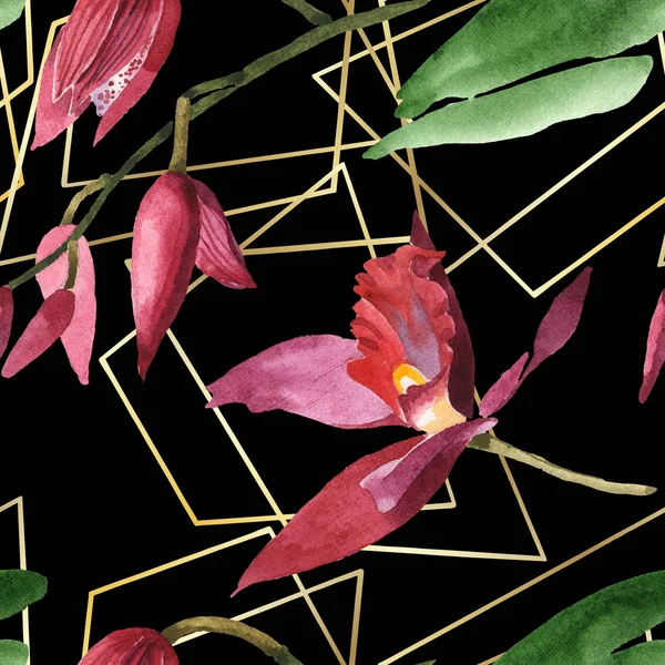 Marsala Orchideeën Met Groene Bladeren Zwarte Achtergrond Aquarel Illustratie Set — Stockfoto