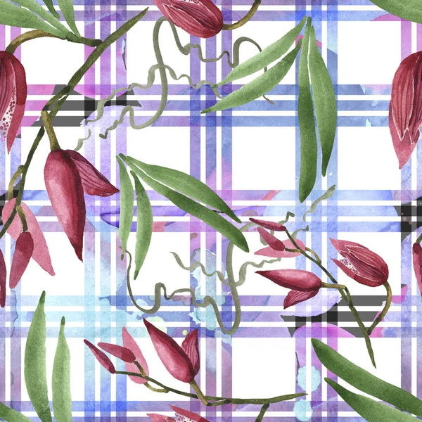 Marsala Orchids Green Leaves Plaid Background Watercolor Illustration Set Seamless — Stock Photo, Image