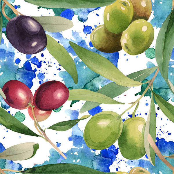 Fresh olives with green leaves isolated on white watercolor background illustration elements. Seamless background pattern. 