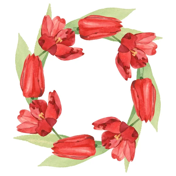 Wreath Red Tulips Green Leaves Illustration Isolated White Frame Ornament — Stock Photo, Image