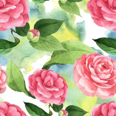 Pink camellia flowers with green leaves on background with watercolor paint spills. Watercolor illustration set. Seamless background pattern.  clipart