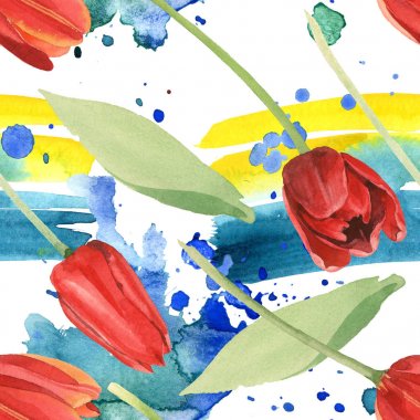 Yeşil yapraklı ve boya dökülen kırmızı laleler. Suluboya illüstrasyon seti. Kesintisiz arka plan deseni.