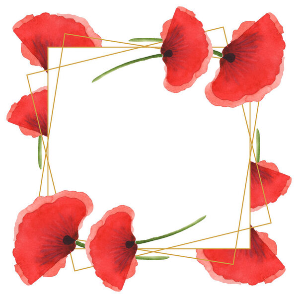 Red poppies isolated on white. Watercolor background illustration set. Frame with flowers and copy space.