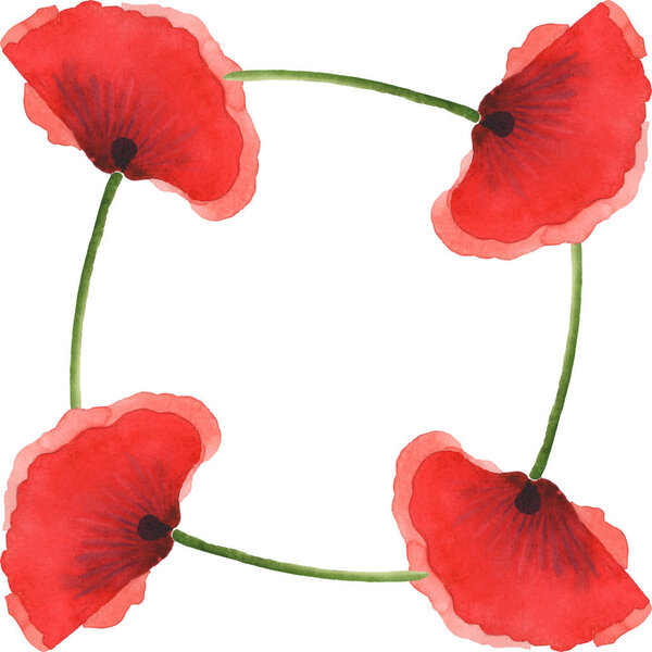 Red poppies isolated on white. Watercolor background illustration set. Frame with flowers and copy space.